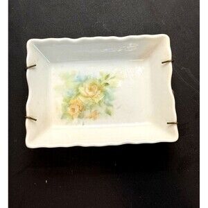 Vintage Hand Painted Floral Porcelain Dish Wall-hanging Rectangular 4"x3"